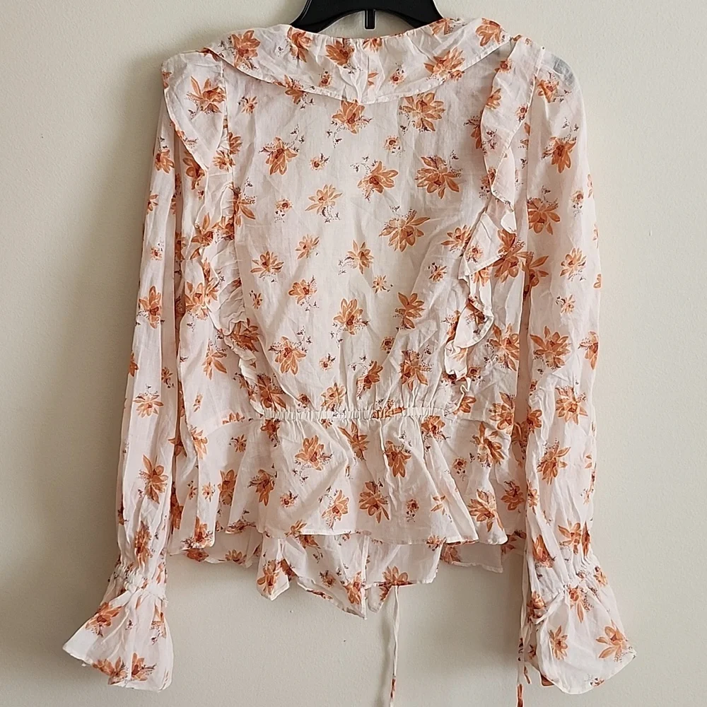 Free People Rust Cream Ruffled Wrap Blouse Boho Womens Large